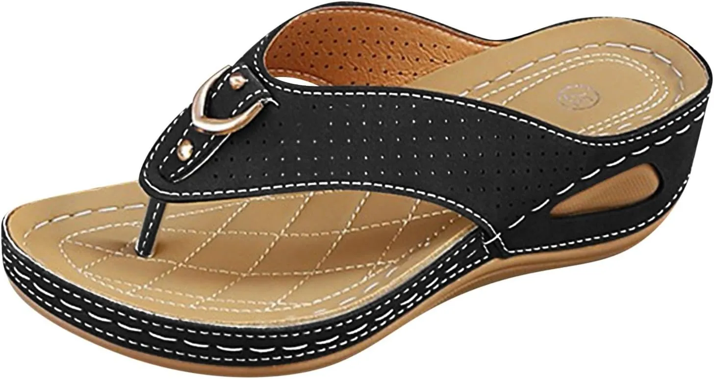 SuanlaTDS Women's Platform Flip Flops with Arch Support Orthopedic Comfortable Soft Wedge Thong Open Toe Slip On Slides Dressy Summer Low Heels Beach Outdoor Walking Party Slide Sandal