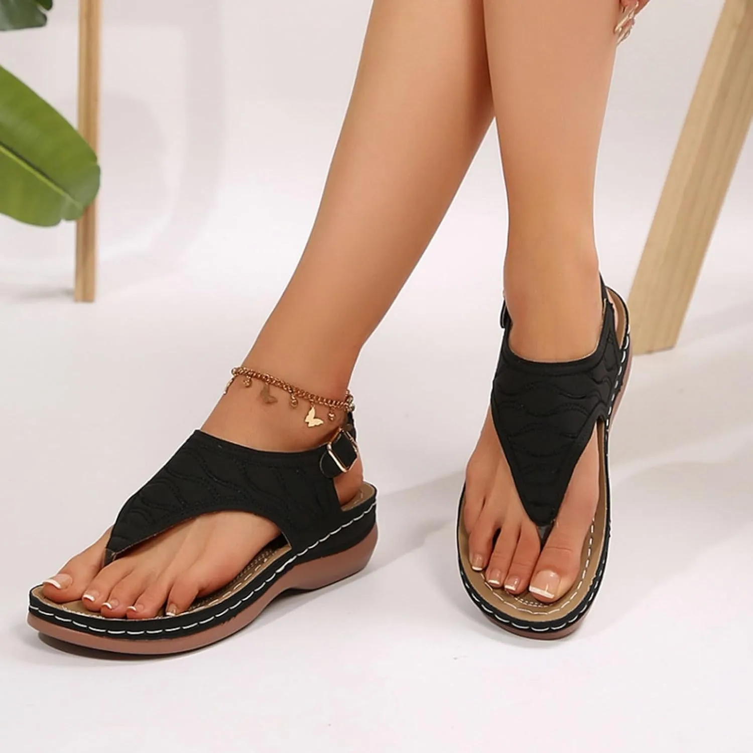 SuanlaTDS Womens Wedges Sandals Orthopedic Flip Flops Summer Dressy Arch Support Thong Open Toe Buckle Ankle Strap Comfortable Wide Width Platform Elegant Low Heels Wedge Sandal for Party