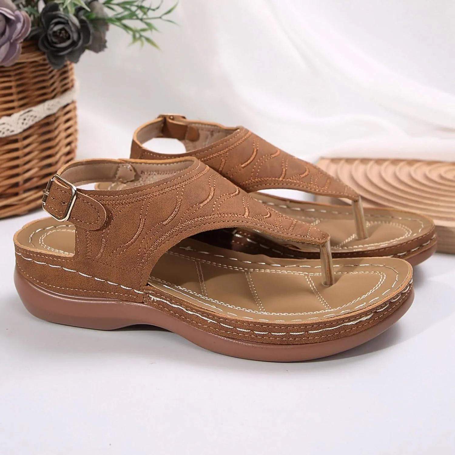 SuanlaTDS Womens Wedges Sandals Orthopedic Flip Flops Summer Dressy Arch Support Thong Open Toe Buckle Ankle Strap Comfortable Wide Width Platform Elegant Low Heels Wedge Sandal for Party