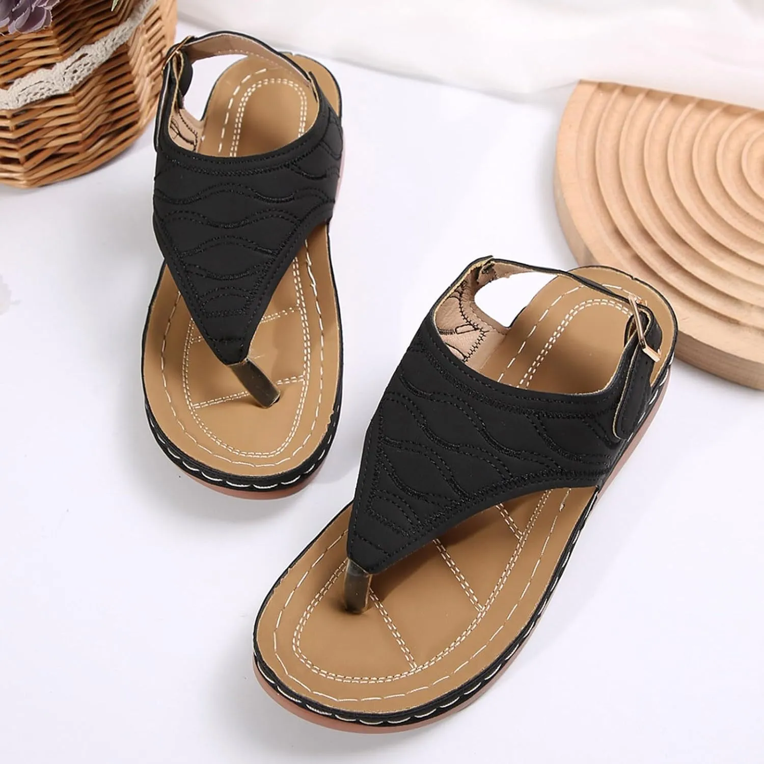 SuanlaTDS Womens Wedges Sandals Orthopedic Flip Flops Summer Dressy Arch Support Thong Open Toe Buckle Ankle Strap Comfortable Wide Width Platform Elegant Low Heels Wedge Sandal for Party