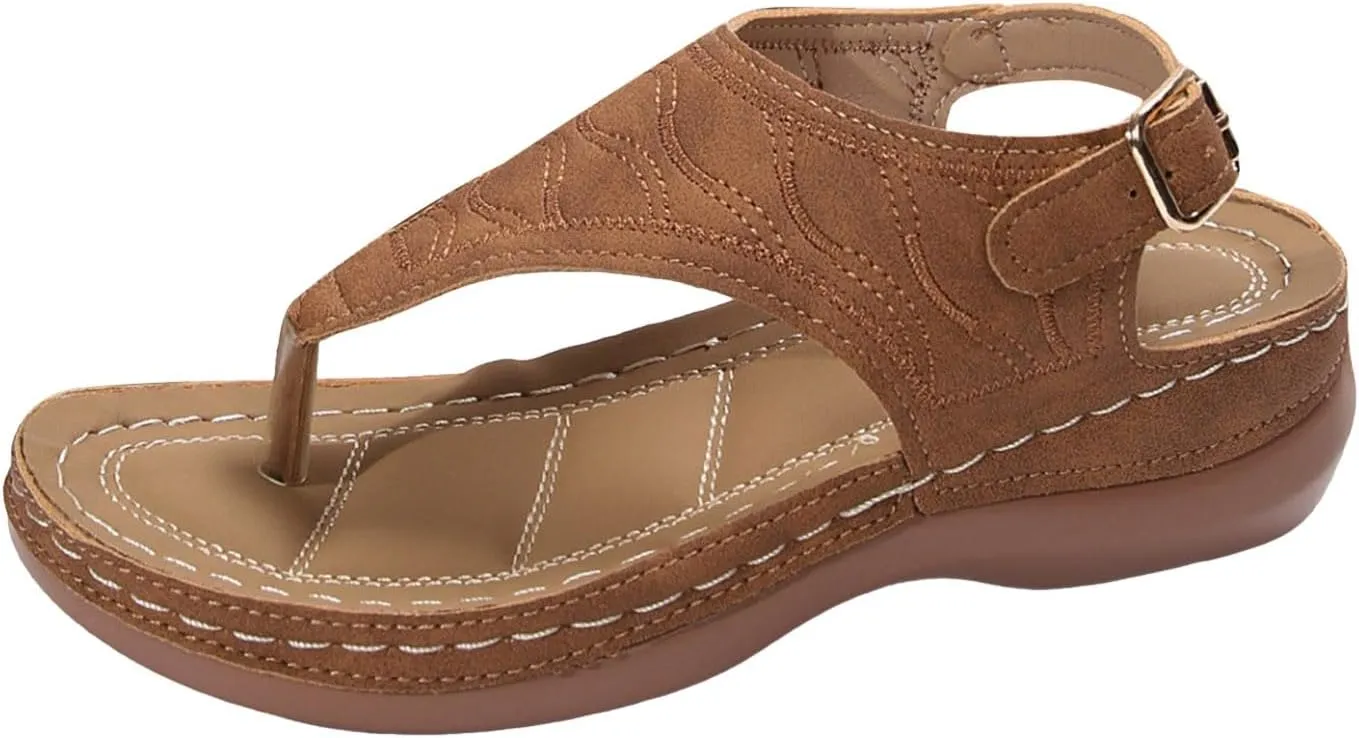 SuanlaTDS Womens Wedges Sandals Orthopedic Flip Flops Summer Dressy Arch Support Thong Open Toe Buckle Ankle Strap Comfortable Wide Width Platform Elegant Low Heels Wedge Sandal for Party