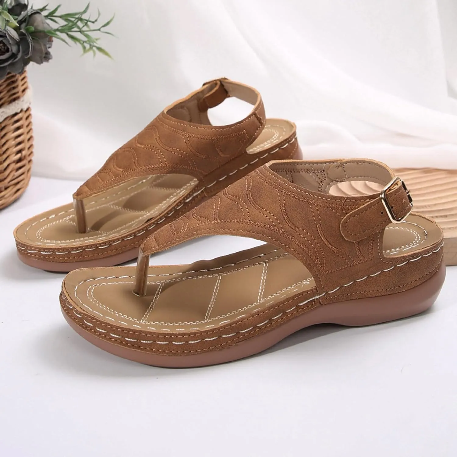 SuanlaTDS Womens Wedges Sandals Orthopedic Flip Flops Summer Dressy Arch Support Thong Open Toe Buckle Ankle Strap Comfortable Wide Width Platform Elegant Low Heels Wedge Sandal for Party