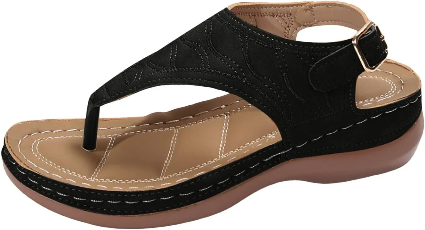 SuanlaTDS Womens Wedges Sandals Orthopedic Flip Flops Summer Dressy Arch Support Thong Open Toe Buckle Ankle Strap Comfortable Wide Width Platform Elegant Low Heels Wedge Sandal for Party