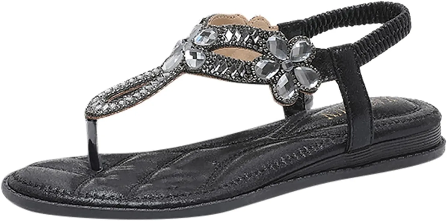 Summer Beach Sandals for Women 2025,Crystal Rhinestone Pearl Flat Sandals for Women Dressy Bling Sparkly Thong Sandals Comfortable T Strap Slip-On Shoes Casual Walking Sandals Strappy Sandals 
