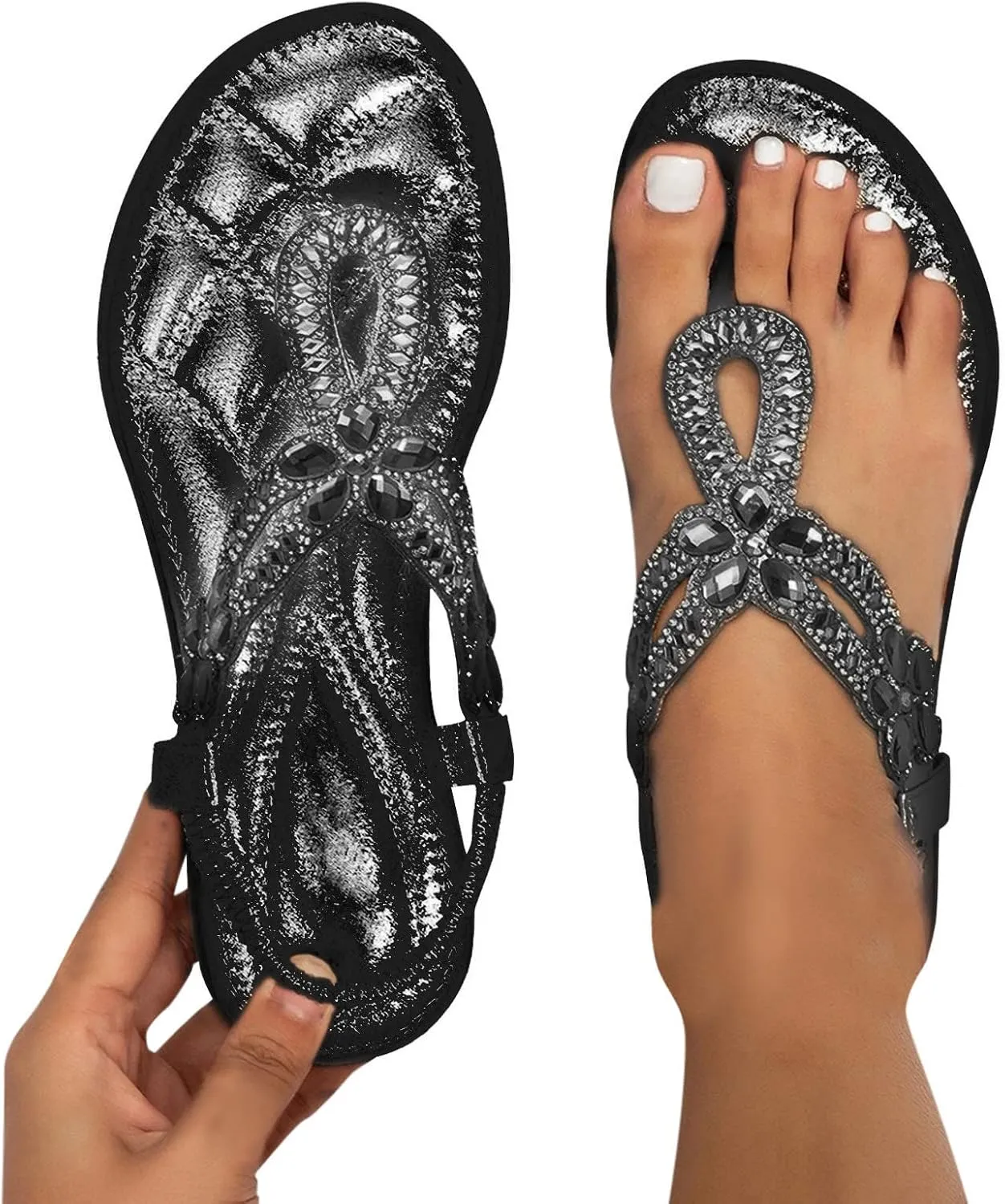 Summer Beach Sandals for Women 2025,Crystal Rhinestone Pearl Flat Sandals for Women Dressy Bling Sparkly Thong Sandals Comfortable T Strap Slip-On Shoes Casual Walking Sandals Strappy Sandals 
