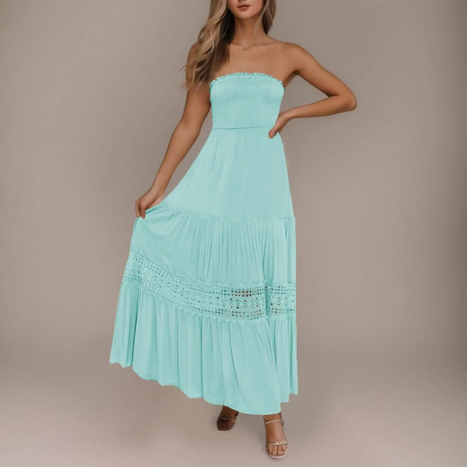 Summer Dresses for Women 2024 Strapless Off Shoulder Crochet Lace Trim Flowy A Line Wedding Guest Dress Beach Long Maxi Dress