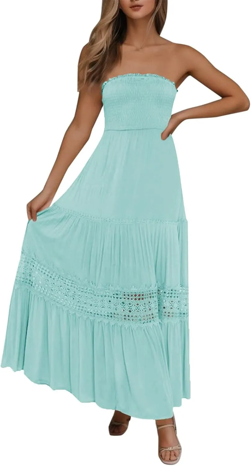 Summer Dresses for Women 2024 Strapless Off Shoulder Crochet Lace Trim Flowy A Line Wedding Guest Dress Beach Long Maxi Dress