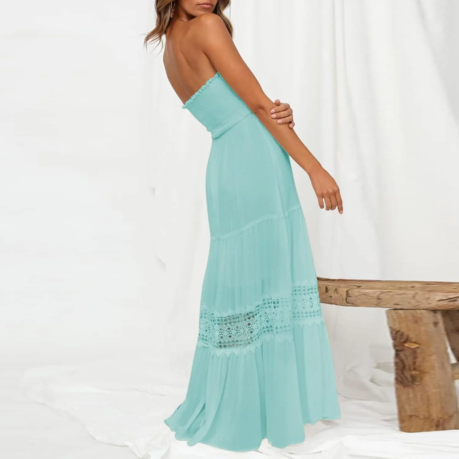 Summer Dresses for Women 2024 Strapless Off Shoulder Crochet Lace Trim Flowy A Line Wedding Guest Dress Beach Long Maxi Dress