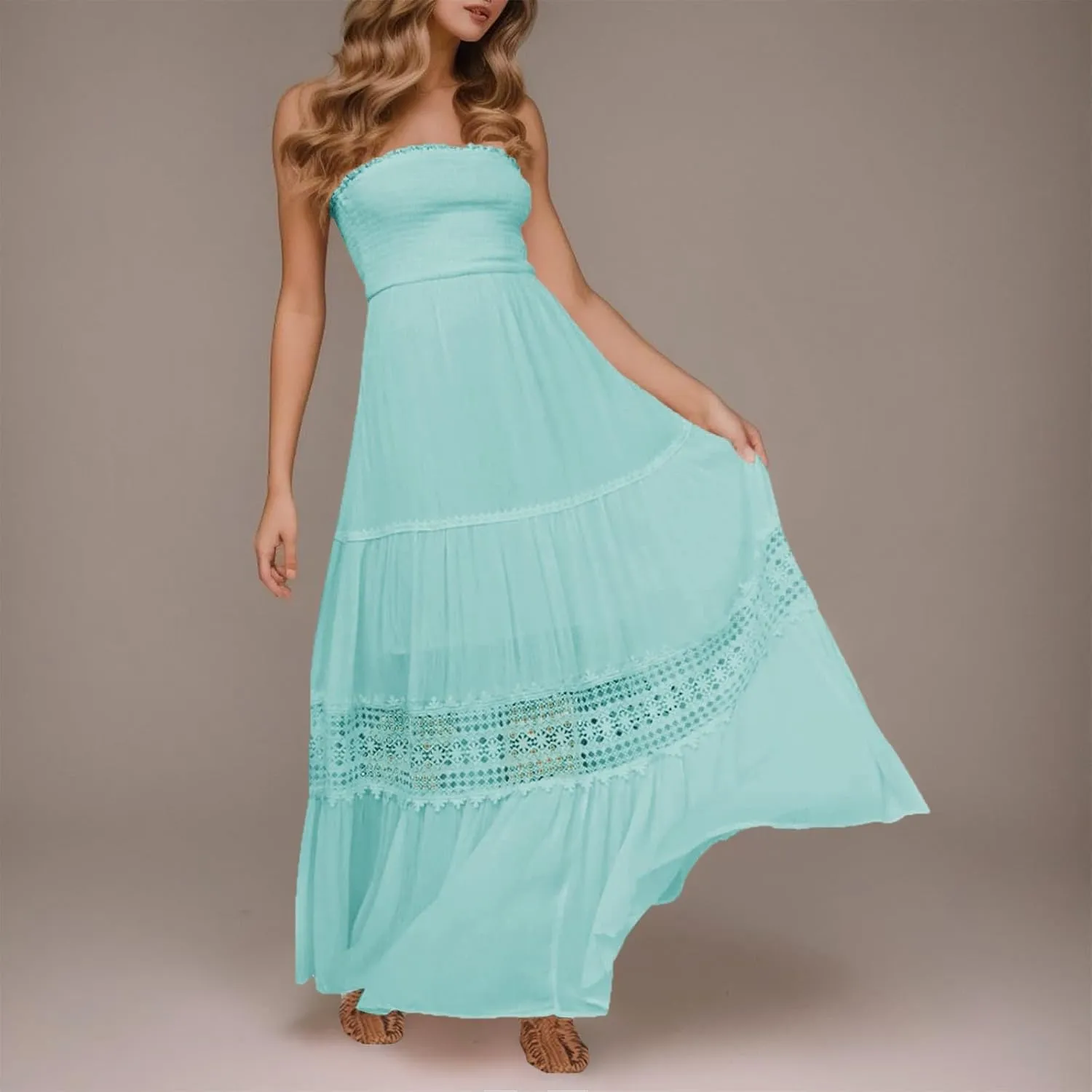Summer Dresses for Women 2024 Strapless Off Shoulder Crochet Lace Trim Flowy A Line Wedding Guest Dress Beach Long Maxi Dress