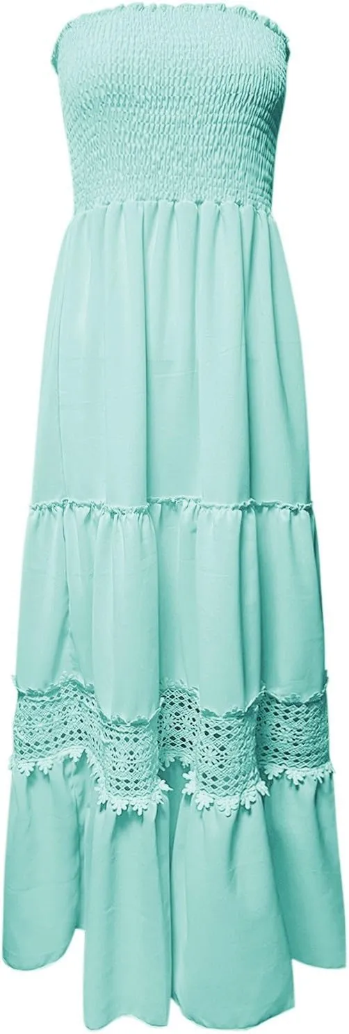 Summer Dresses for Women 2024 Strapless Off Shoulder Crochet Lace Trim Flowy A Line Wedding Guest Dress Beach Long Maxi Dress