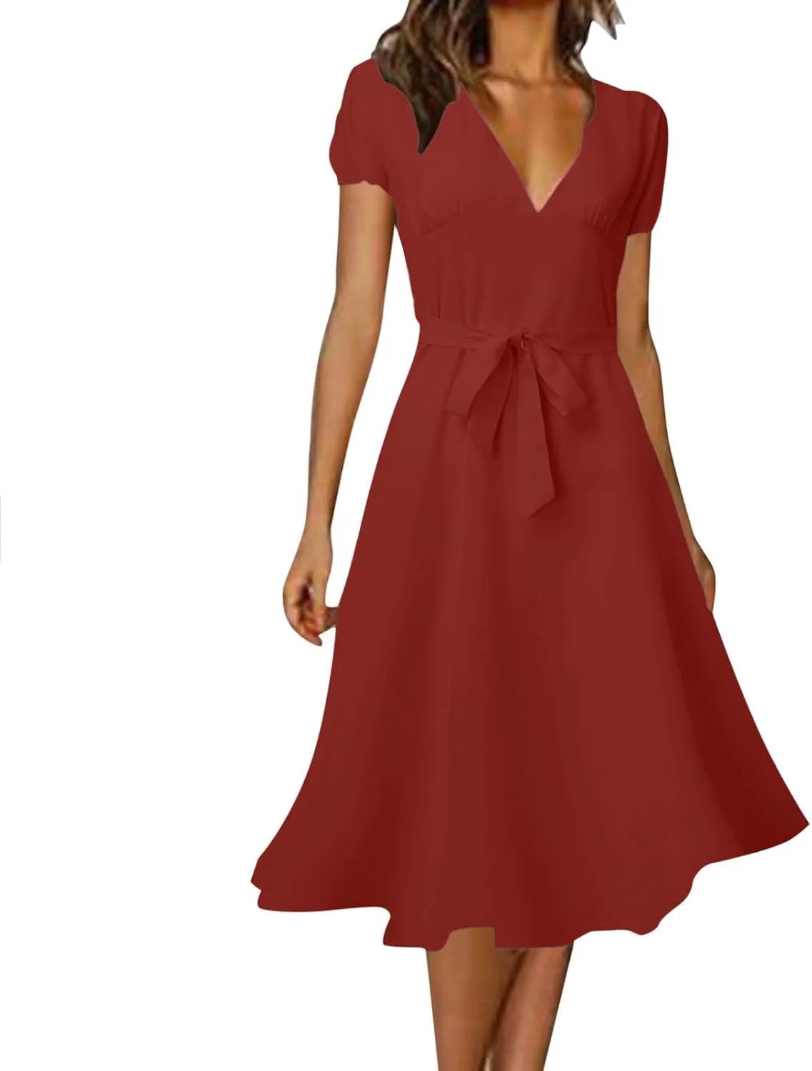 Summer Dresses for Women 2024 Vacation V Neck Beach Dress Elegant A Line Midi Dress Knee Length Tie Front Casual Dress