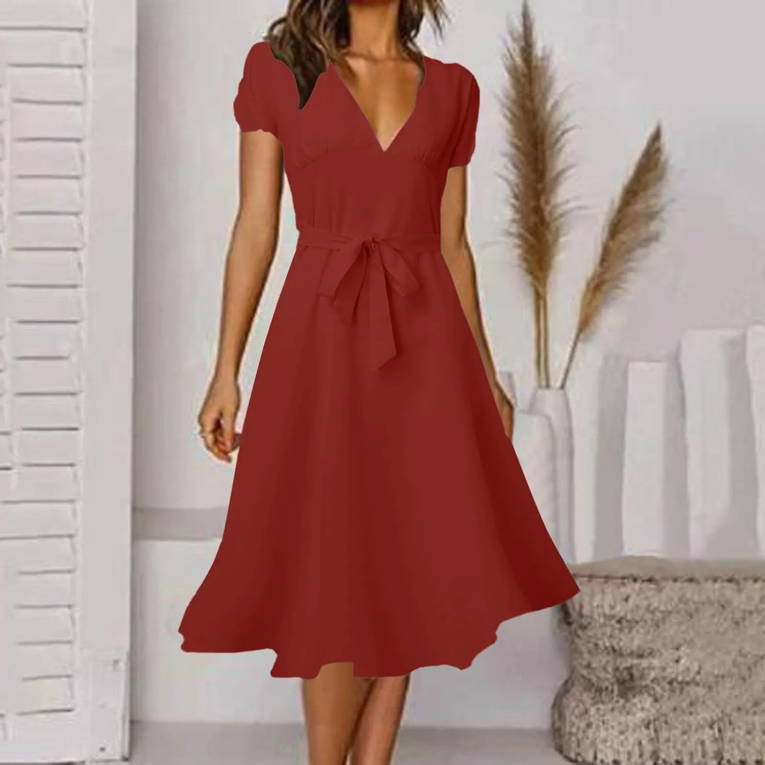 Summer Dresses for Women 2024 Vacation V Neck Beach Dress Elegant A Line Midi Dress Knee Length Tie Front Casual Dress
