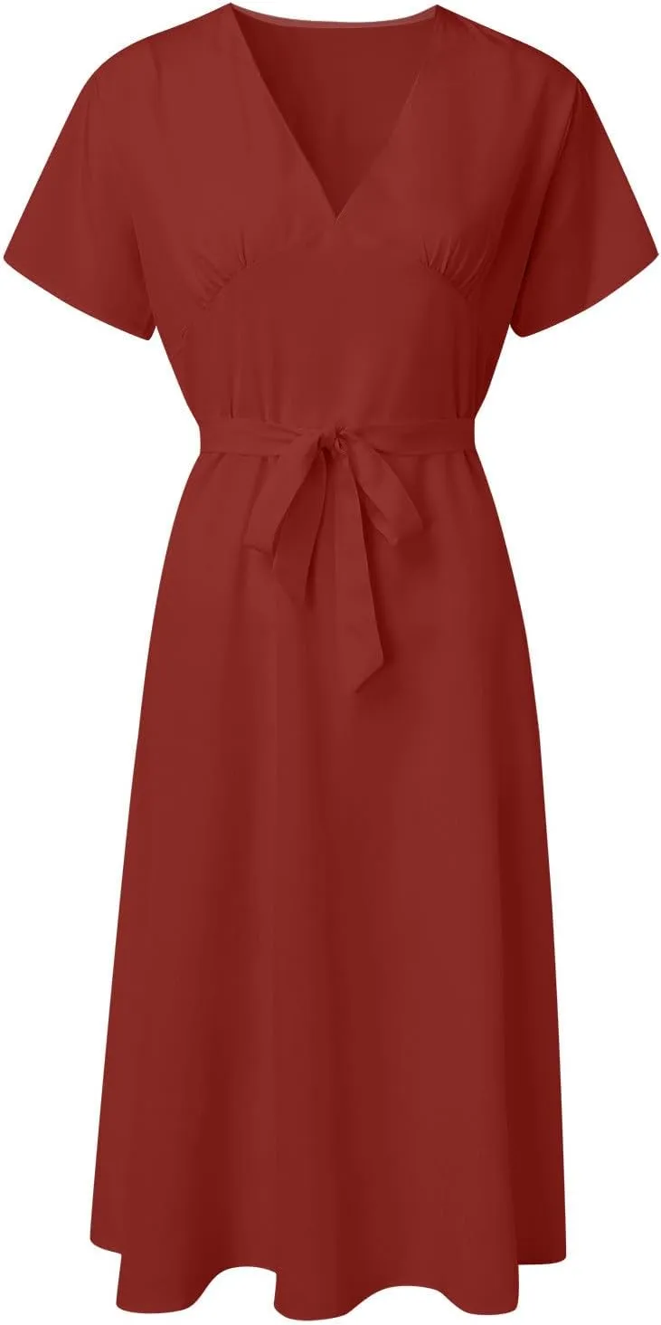 Summer Dresses for Women 2024 Vacation V Neck Beach Dress Elegant A Line Midi Dress Knee Length Tie Front Casual Dress