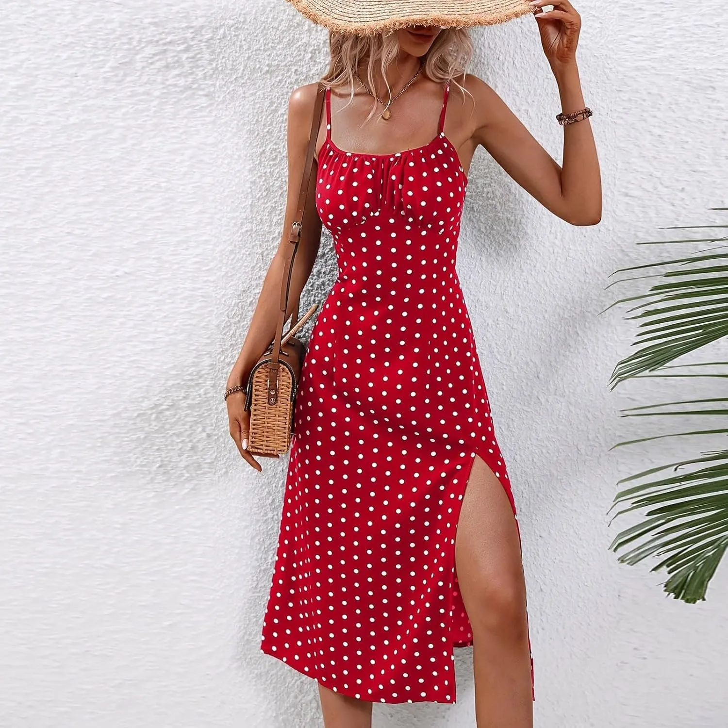 Sundresses for Women 2025 Summer Polka Dot Slit Midi Dress Sleeveless Spaghetti Strap Dresses Beach Vacation Dress