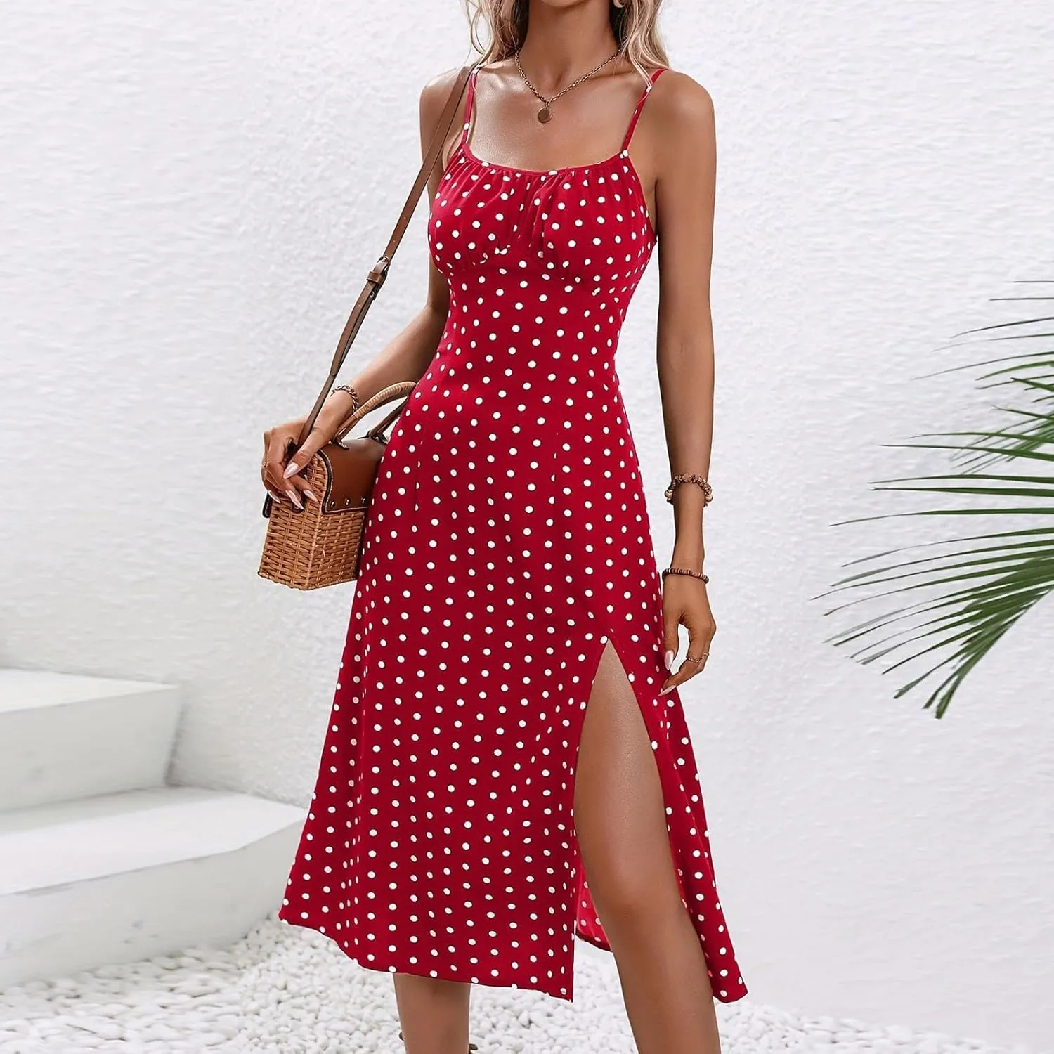 Sundresses for Women 2025 Summer Polka Dot Slit Midi Dress Sleeveless Spaghetti Strap Dresses Beach Vacation Dress