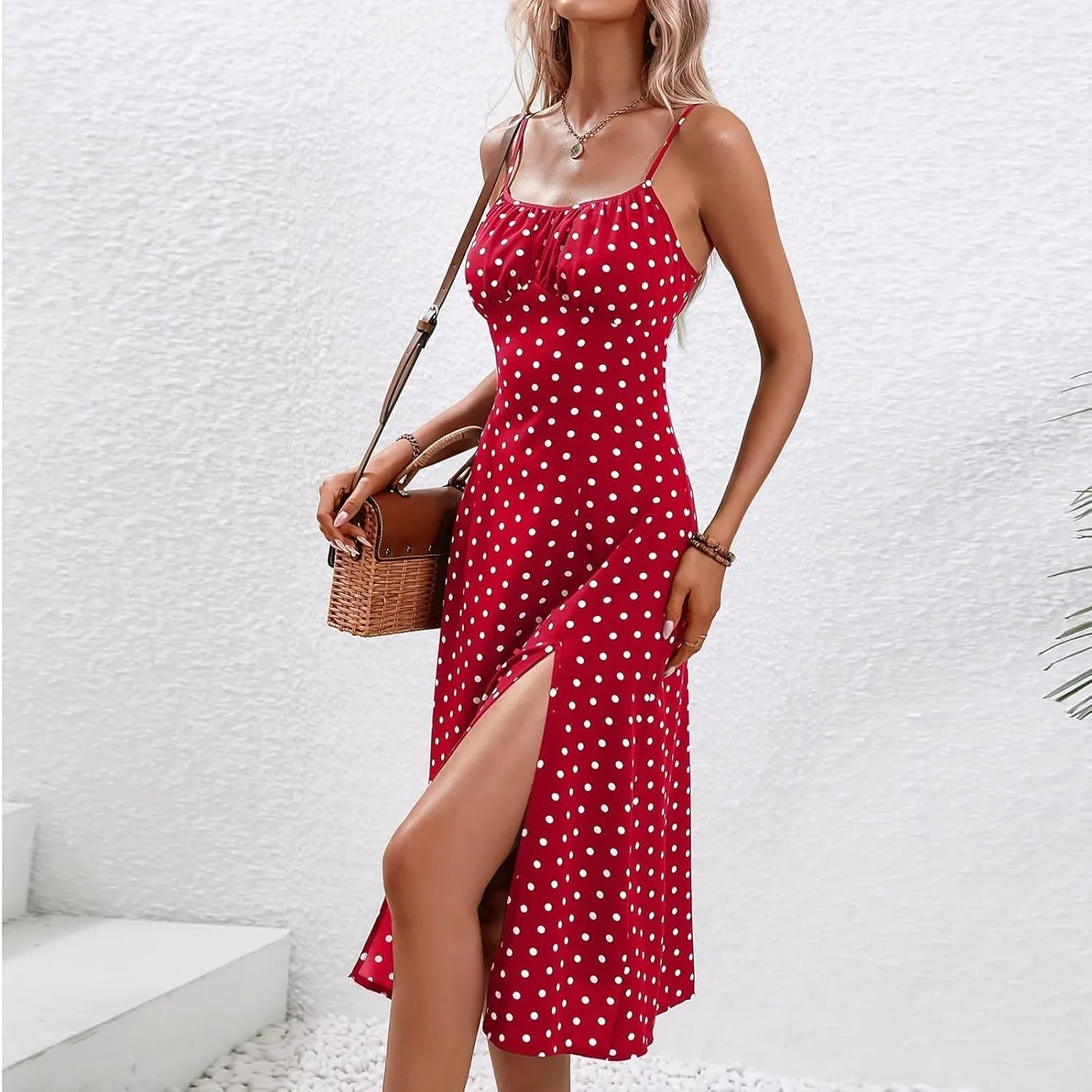 Sundresses for Women 2025 Summer Polka Dot Slit Midi Dress Sleeveless Spaghetti Strap Dresses Beach Vacation Dress