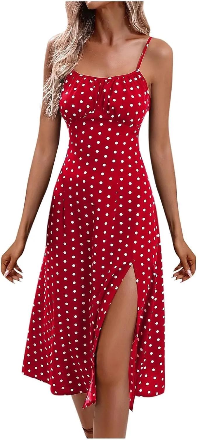 Sundresses for Women 2025 Summer Polka Dot Slit Midi Dress Sleeveless Spaghetti Strap Dresses Beach Vacation Dress