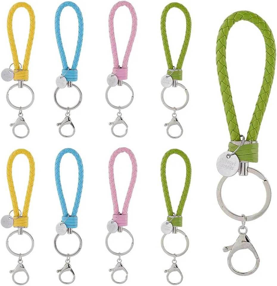 SUNNYCLUE 16pcs 4 Colors Lanyard Braid Keychain Leather Keyring Strap Imitation Pu Leather Wristlet Woven Braided Pink Green Blue Keychains With Lobster Clasp For Women Men Keyrings Purse Hadbag Bag