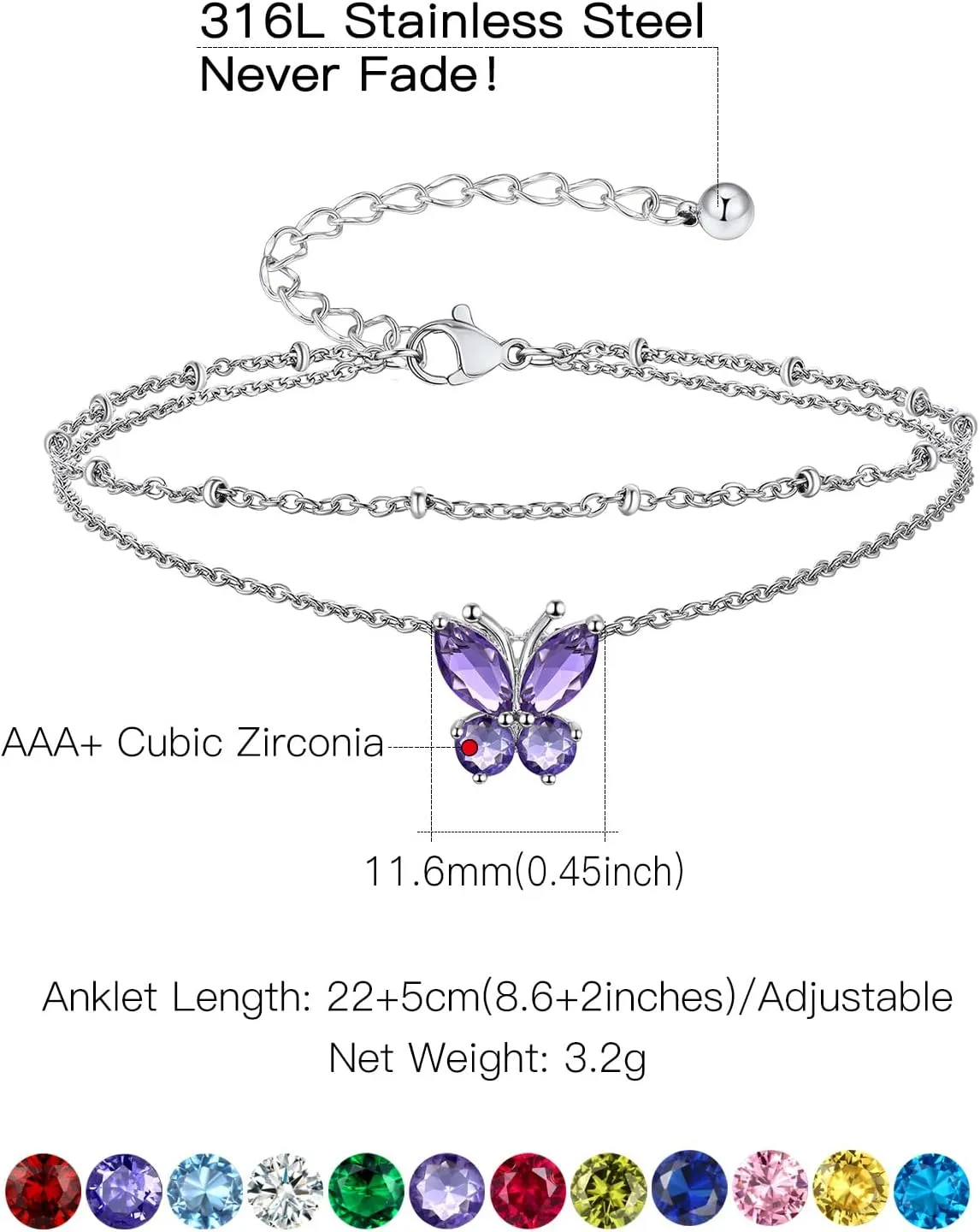 Suplight Anklets for Women, Simple Dainty Butterfly/Heart Birthstone Layered Waterproof Ankle Bracelet Beach Foot Jewelry, 8.7-10.7 Inch Adjustable