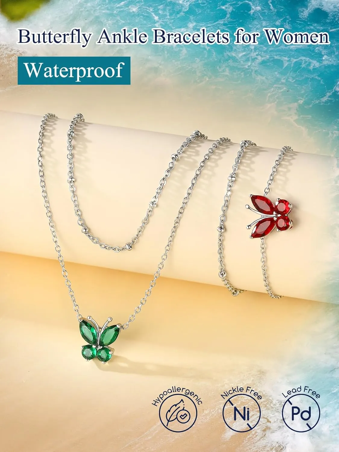 Suplight Anklets for Women, Simple Dainty Butterfly/Heart Birthstone Layered Waterproof Ankle Bracelet Beach Foot Jewelry, 8.7-10.7 Inch Adjustable