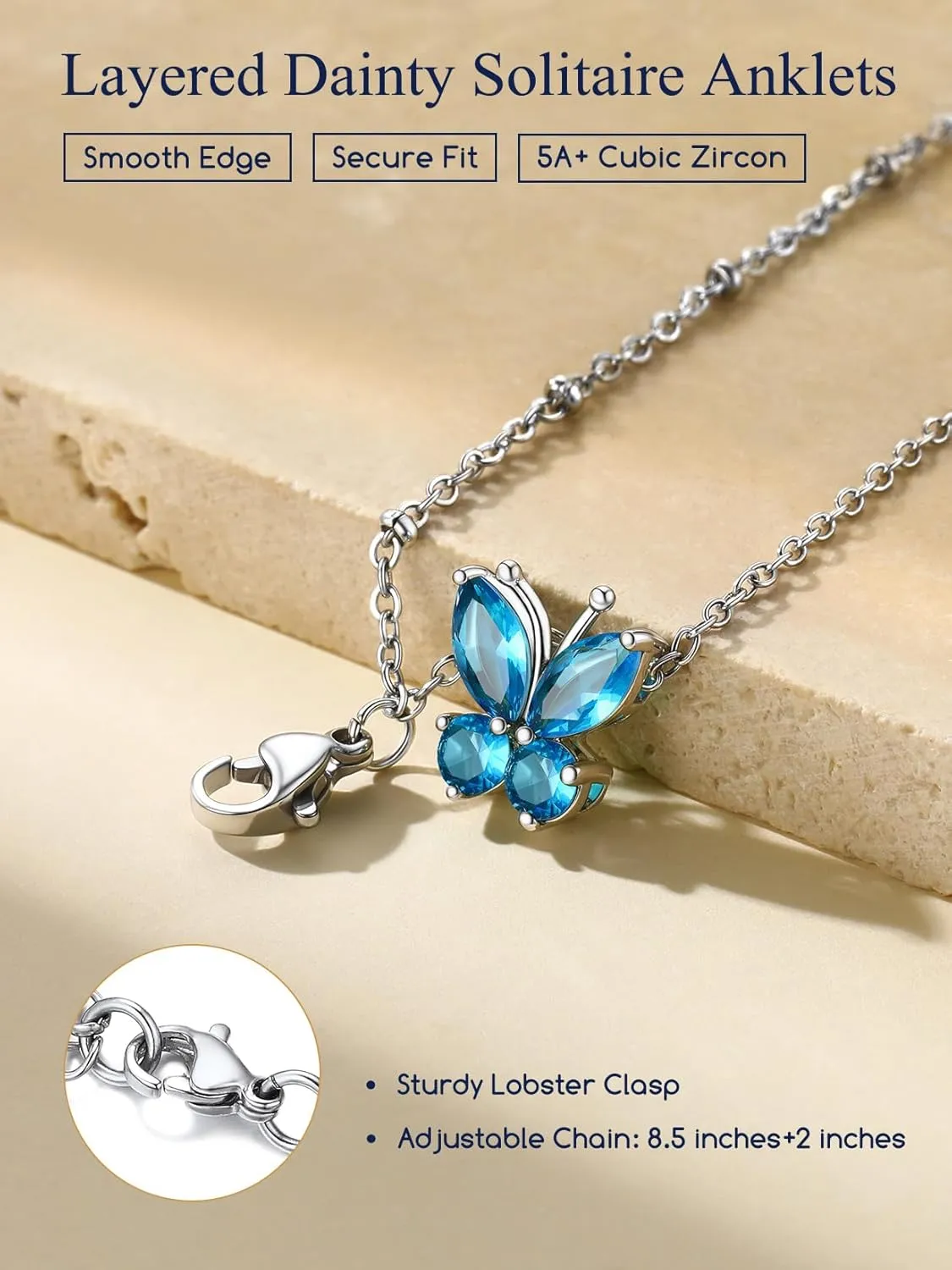 Suplight Anklets for Women, Simple Dainty Butterfly/Heart Birthstone Layered Waterproof Ankle Bracelet Beach Foot Jewelry, 8.7-10.7 Inch Adjustable