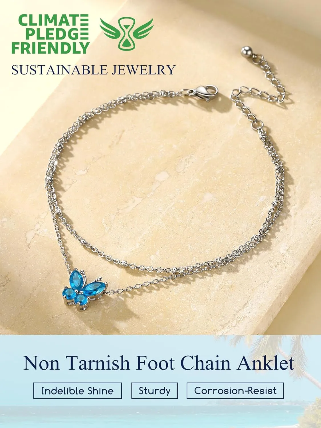 Suplight Anklets for Women, Simple Dainty Butterfly/Heart Birthstone Layered Waterproof Ankle Bracelet Beach Foot Jewelry, 8.7-10.7 Inch Adjustable