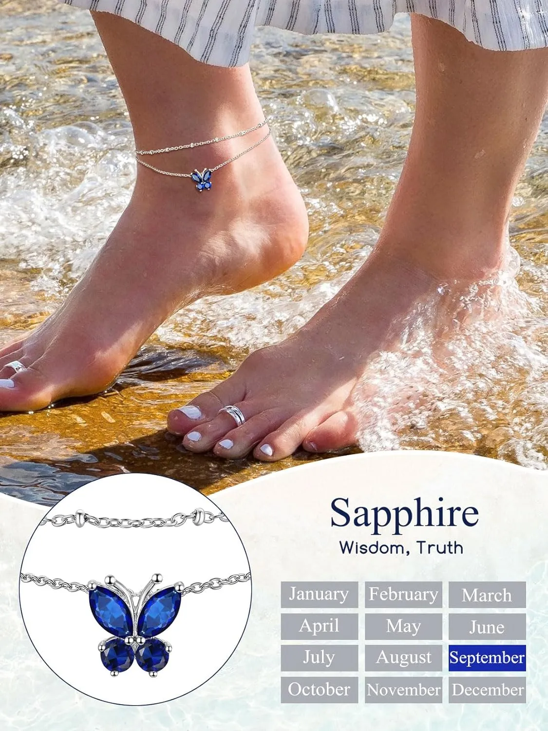 Suplight Anklets for Women, Simple Dainty Butterfly/Heart Birthstone Layered Waterproof Ankle Bracelet Beach Foot Jewelry, 8.7-10.7 Inch Adjustable