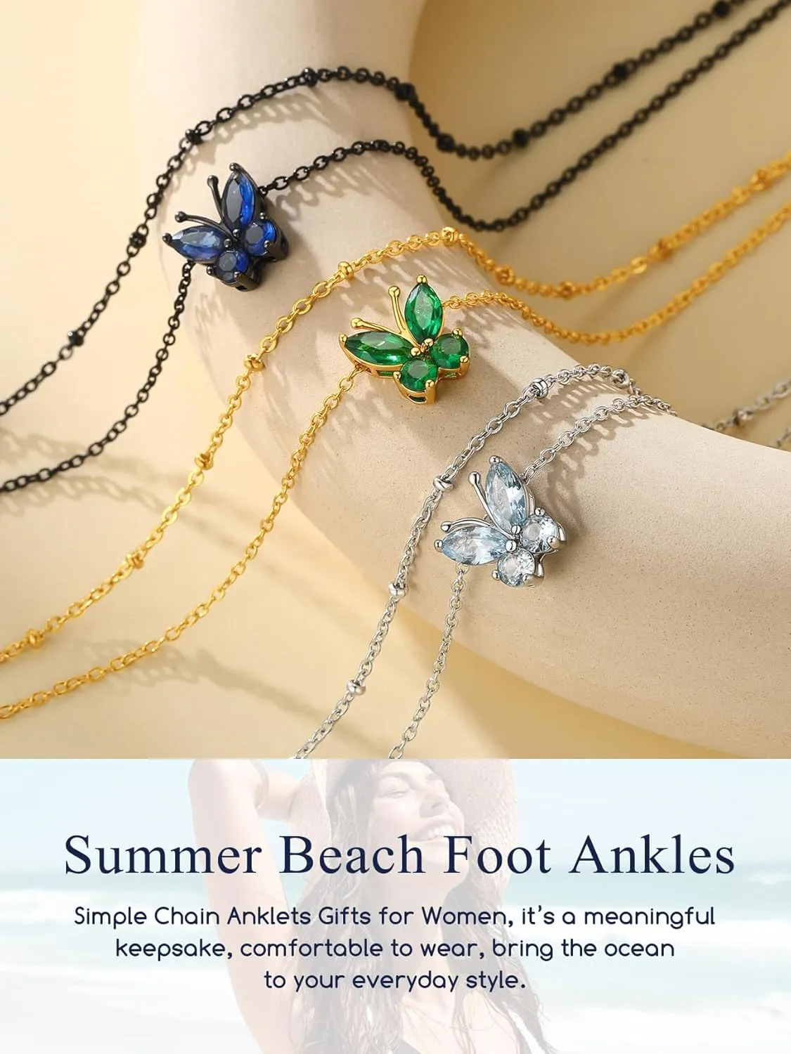 Suplight Anklets for Women, Simple Dainty Butterfly/Heart Birthstone Layered Waterproof Ankle Bracelet Beach Foot Jewelry, 8.7-10.7 Inch Adjustable