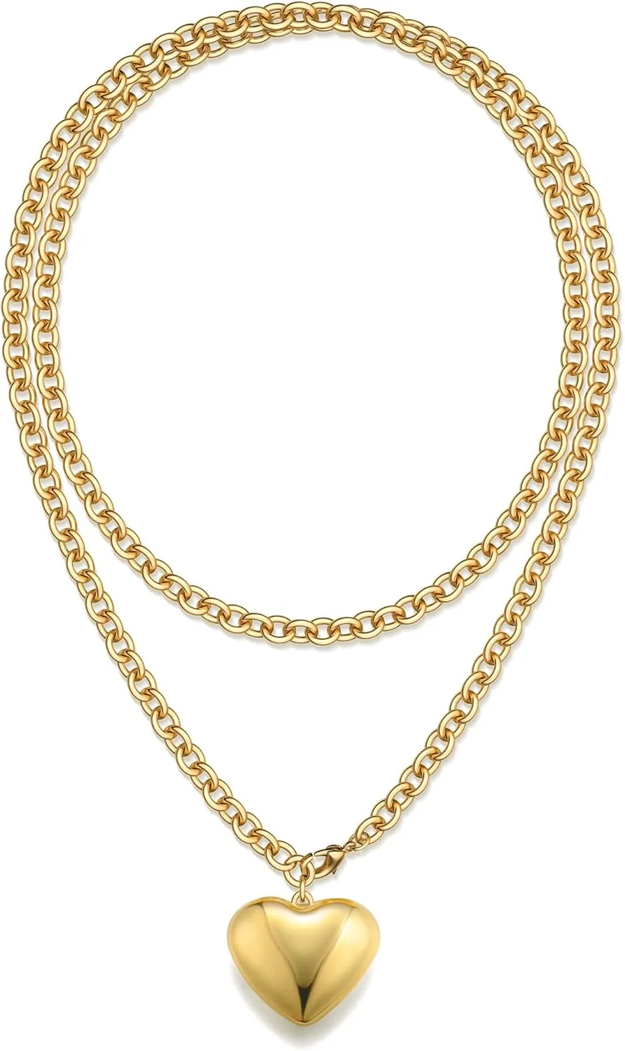 TEN MIRO 16k Chunky Gold Necklace for Women, 36'' /92cm Long Gold Chunky Heart Necklace Bold Statement Necklaces Thick Puffy Heart Pendant Long Chain Necklaces for Women Trendy