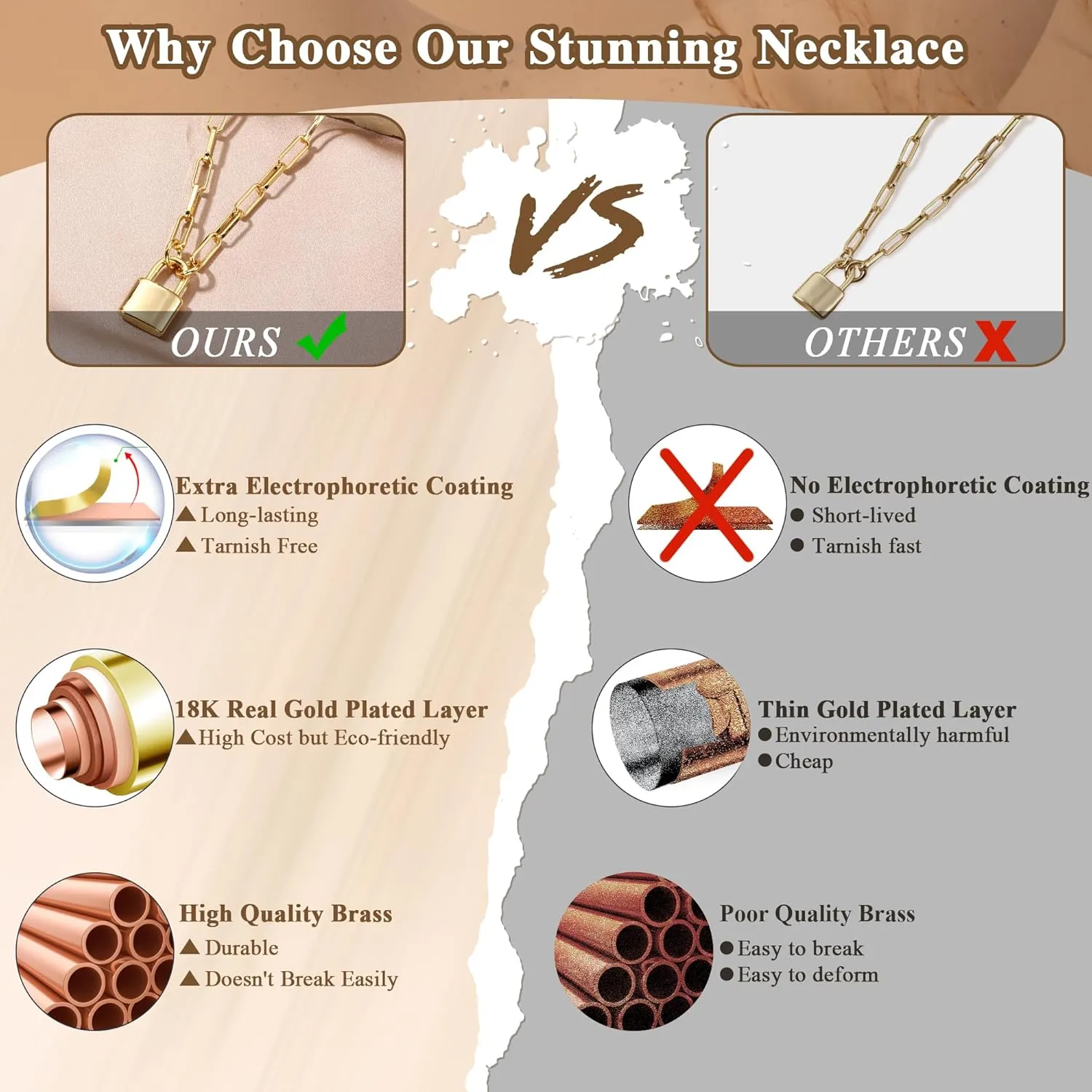 TEN MIRO 18k Chunky Gold Necklace for Women Sweatproof, Non Tarnish Chunky Cross Necklaces Thick Gold Layering Hammered Bold Necklace Stacks Toggle Necklaces for Women
