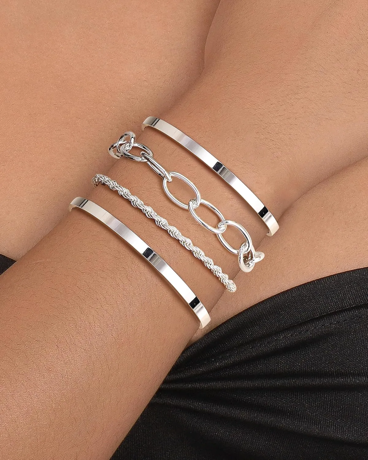 TEN MIRO Chunky Silver Bracelets for Women, Stackable Bangle Cuff Bracelets for Women Non Tarnish Silver Bracelet Stack Layered Chunky Link Chain Cuff Bangle Bracelet