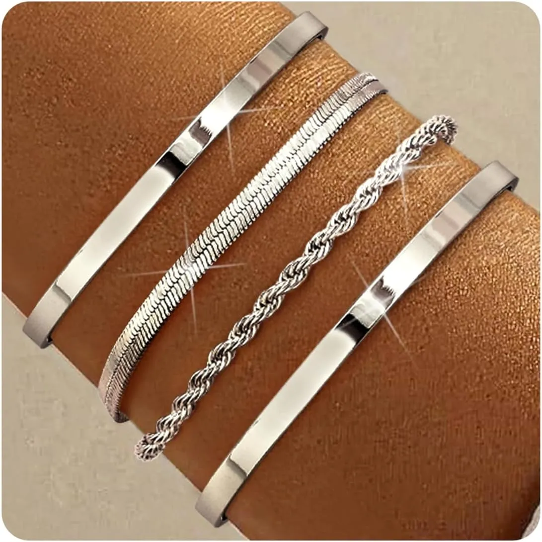 TEN MIRO Chunky Silver Bracelets for Women, Stackable Bangle Cuff Bracelets for Women Non Tarnish Silver Bracelet Stack Layered Chunky Link Chain Cuff Bangle Bracelet