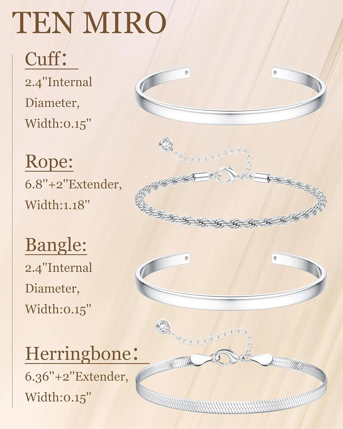 TEN MIRO Chunky Silver Bracelets for Women, Stackable Bangle Cuff Bracelets for Women Non Tarnish Silver Bracelet Stack Layered Chunky Link Chain Cuff Bangle Bracelet