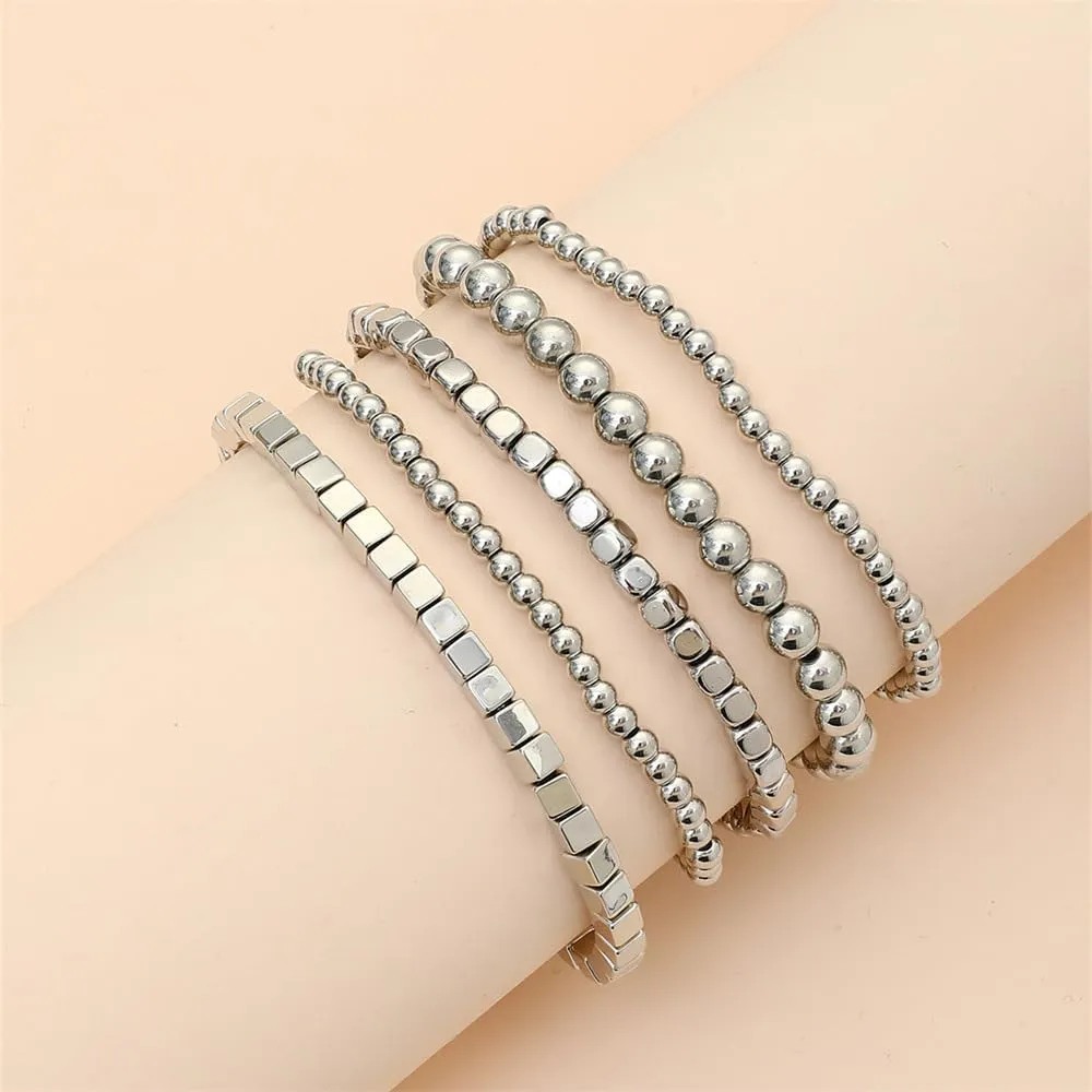 tenghong2021 14K Gold Plated Beaded Bracelets for Women Handmade Stackable Stretch Bead Ball Bracelet Set Delicate Stackable Gold Bead Bracelets for Women Party Gifts Jewelry