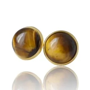 Tiger Eye Stud Earrings Gold, Gemstone 12mm Round Stud Earrings, Brown Stone, Tigers Eye, Chakra Jewelry, Push-back, Tiger's Eye Earrings