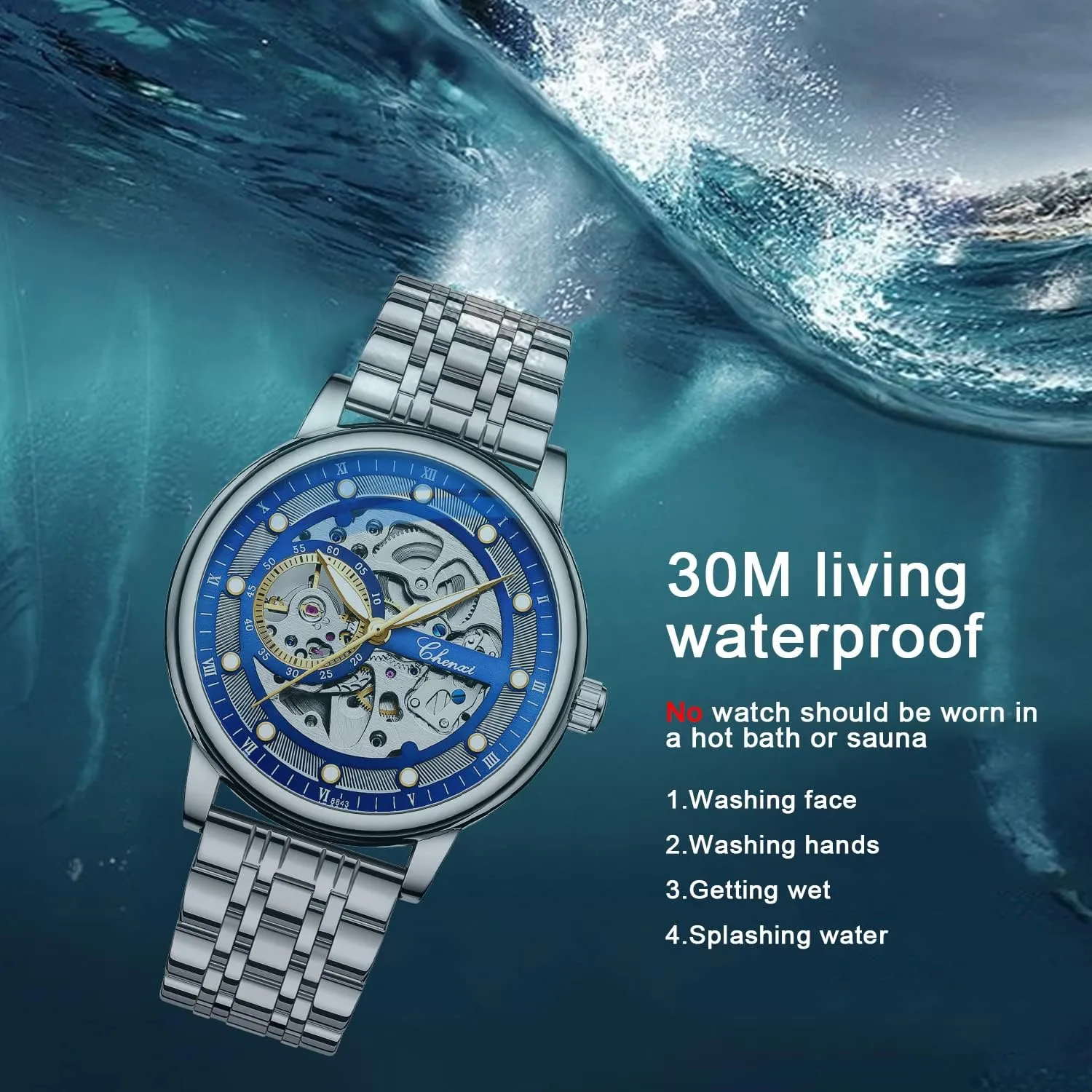 Tiong Fashion Automatic Watches Mechanical Wrist Watch Golden for Mens Skeleton Watches with Stainless Steel Transparent Dial