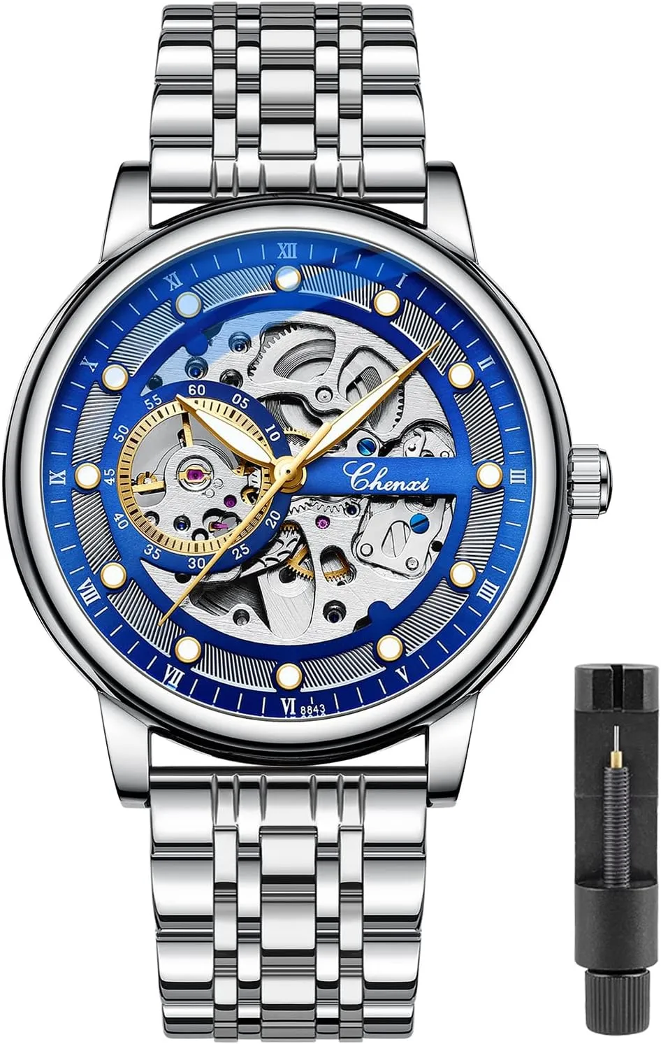 Tiong Fashion Automatic Watches Mechanical Wrist Watch Golden for Mens Skeleton Watches with Stainless Steel Transparent Dial