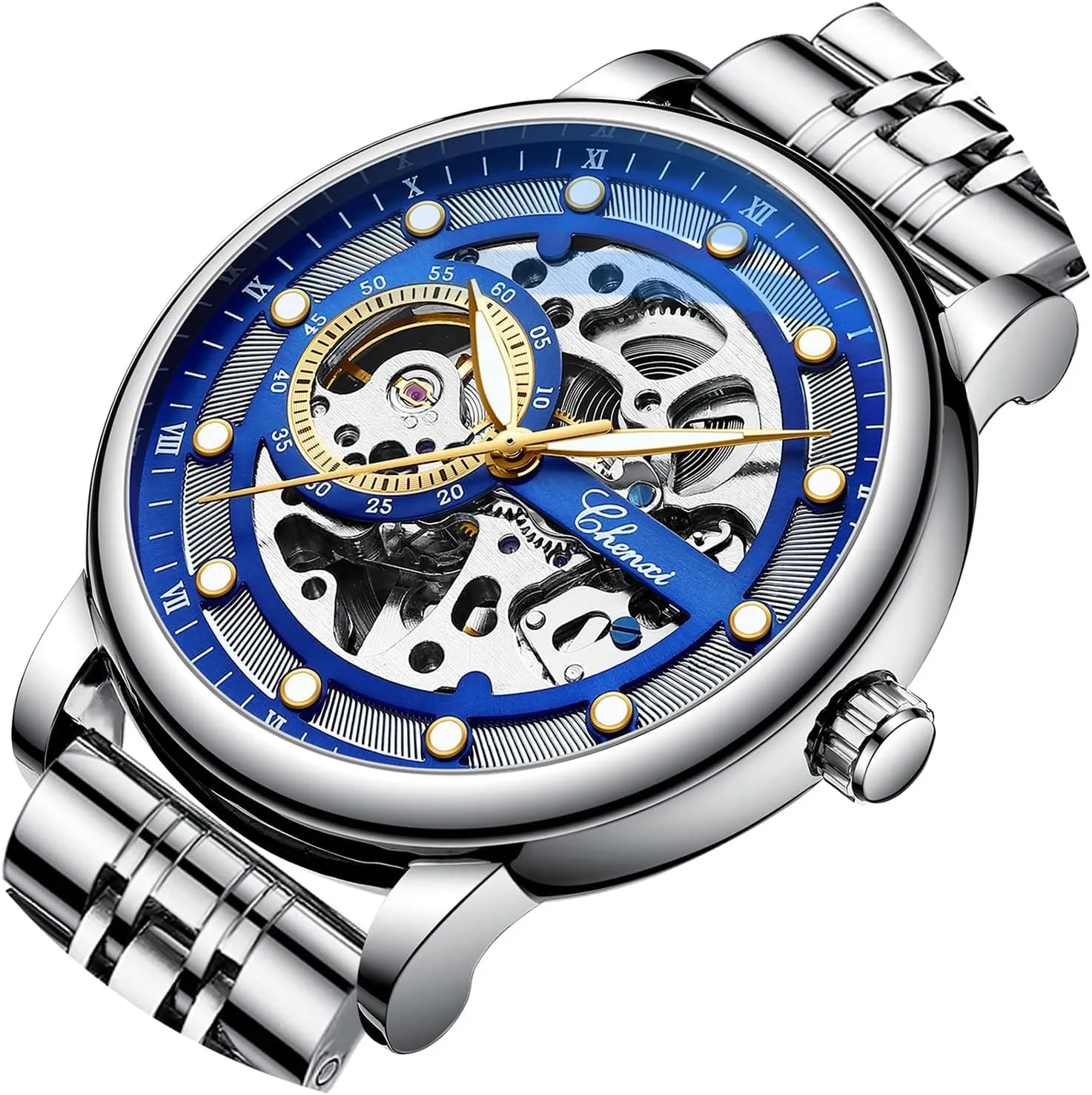 Tiong Fashion Automatic Watches Mechanical Wrist Watch Golden for Mens Skeleton Watches with Stainless Steel Transparent Dial
