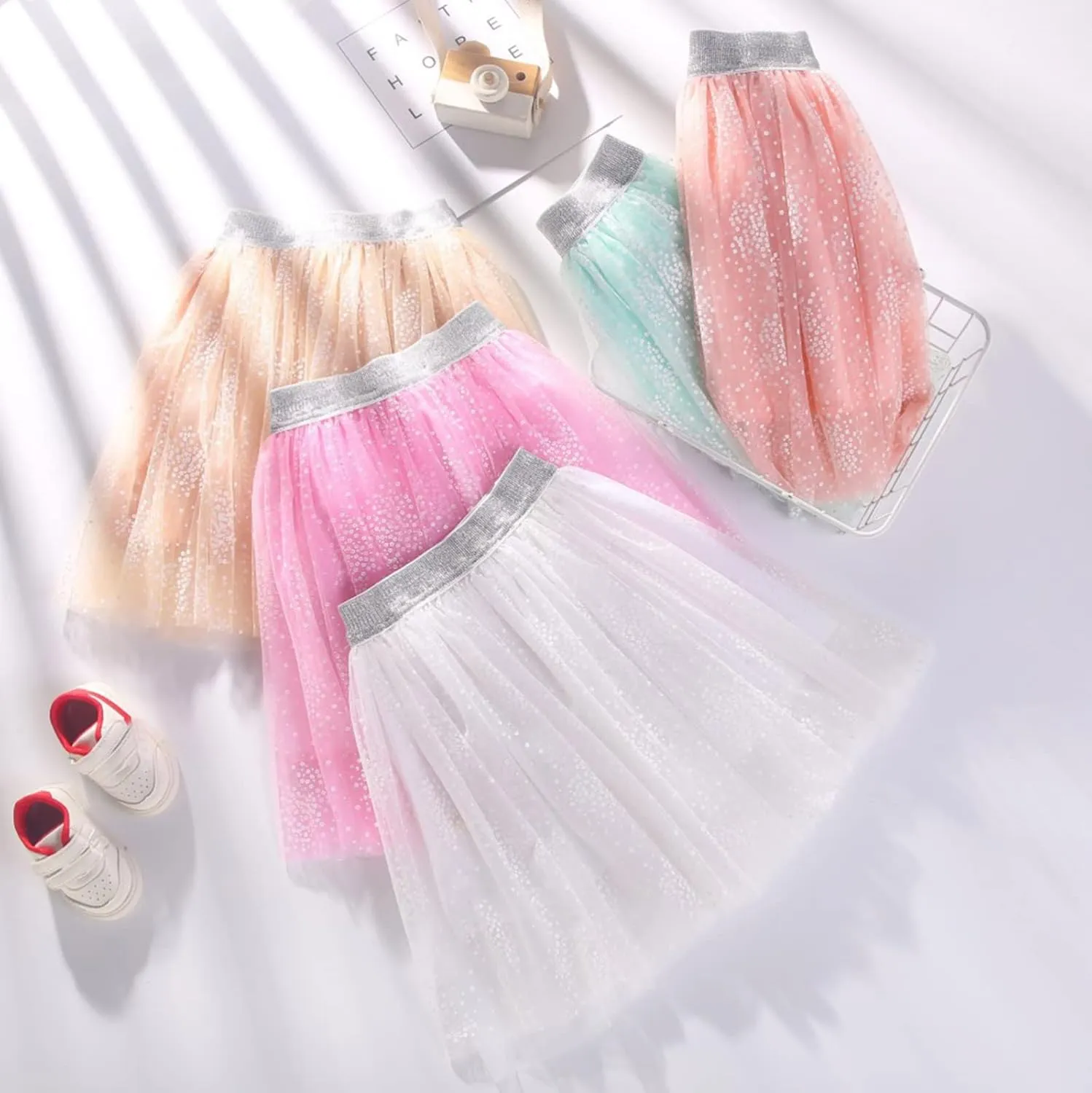 Toddler Girls Tutu Skirt Stars Sequins Layered Tulle Bow Short Skirts Kids Sparkle Birthday Party Princess Dress