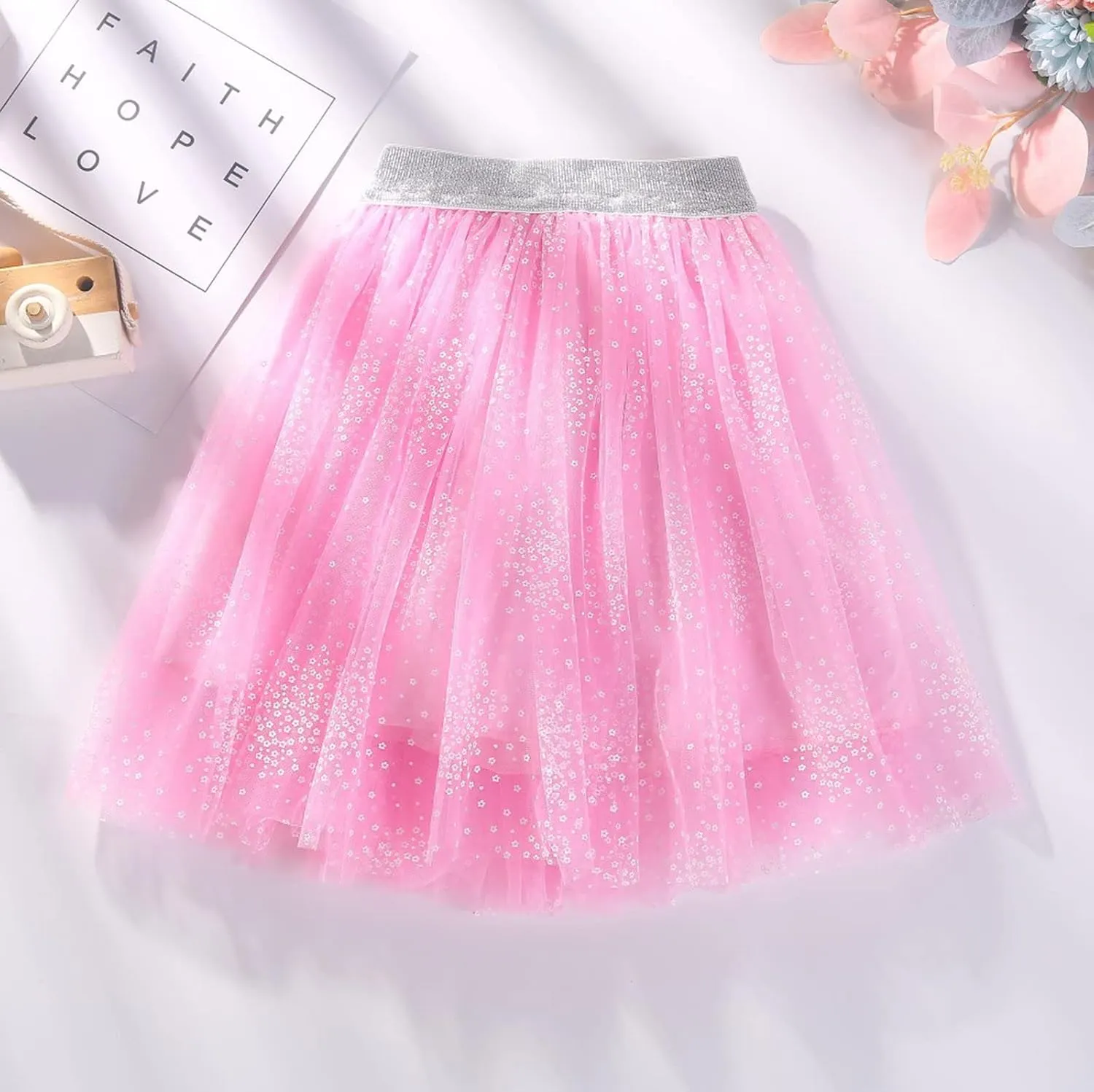 Toddler Girls Tutu Skirt Stars Sequins Layered Tulle Bow Short Skirts Kids Sparkle Birthday Party Princess Dress