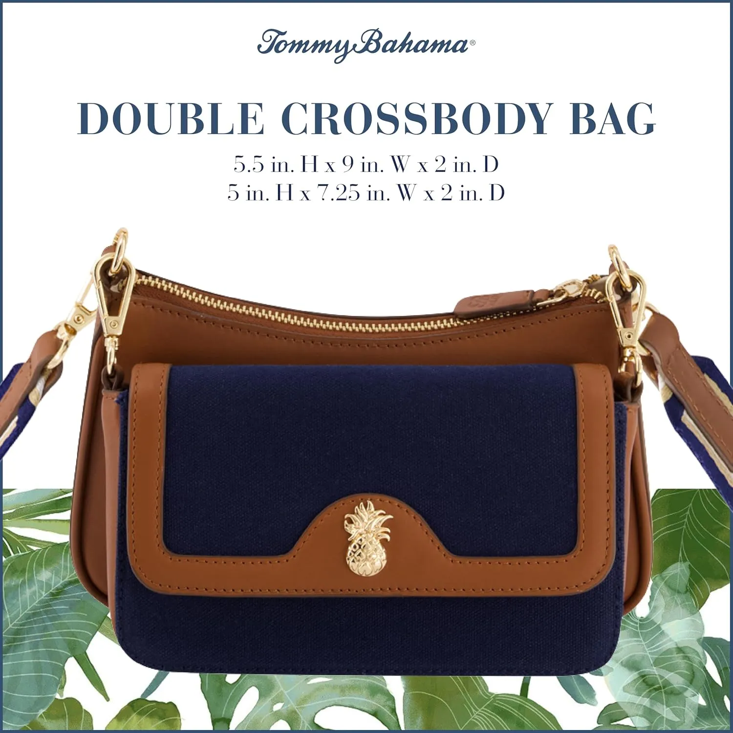 Tommy Bahama Women's Double Crossbody Bag Purse, Small Shoulder Handbag with Adjustable Strap and Leather Trim