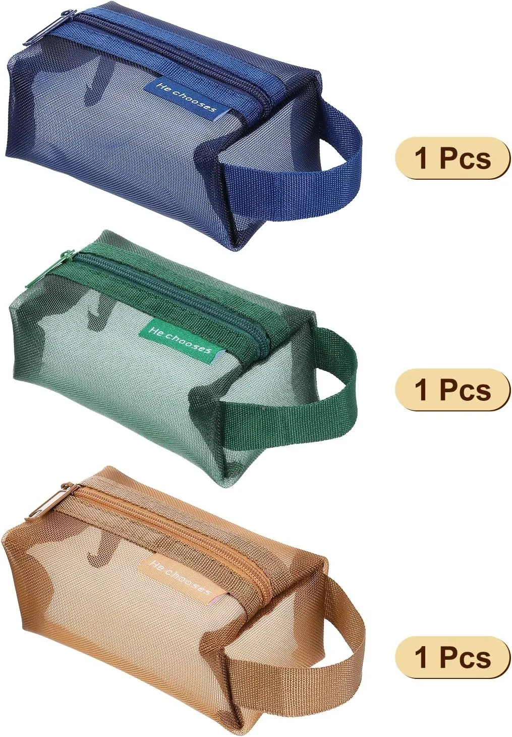 uxcell Mini Zipper Mesh Bag 3" x 5", 3 Pcs Nylon Small Makeup Zipper Mesh Pouch Cosmetic Case Mesh Storage Bags for Earphone, Credit Card, Dark Green, Blue, Brown