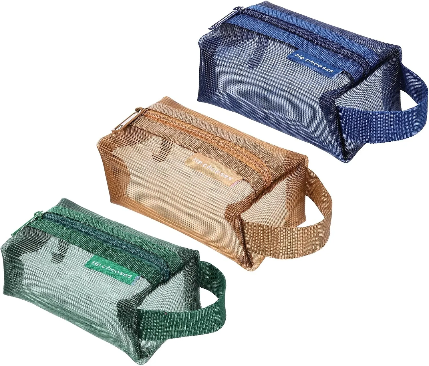 uxcell Mini Zipper Mesh Bag 3" x 5", 3 Pcs Nylon Small Makeup Zipper Mesh Pouch Cosmetic Case Mesh Storage Bags for Earphone, Credit Card, Dark Green, Blue, Brown