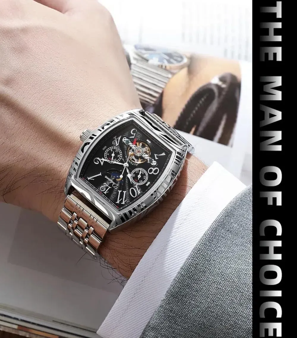 Vintage Tonneau Hollow Tourbillon Watch for Men Number Dial Moon Phase Automatic Mechanical Wristwatch Waterproof Casual Business Watches