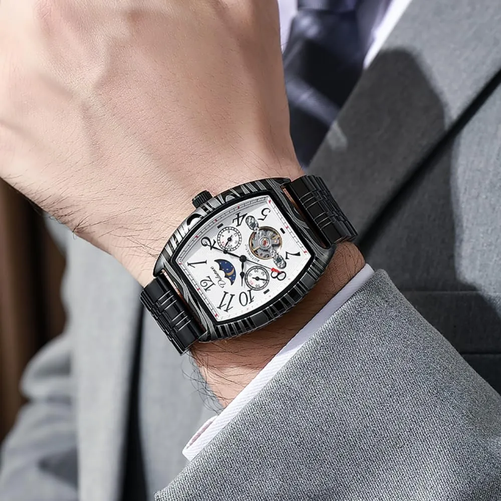 Vintage Tonneau Hollow Tourbillon Watch for Men Number Dial Moon Phase Automatic Mechanical Wristwatch Waterproof Casual Business Watches