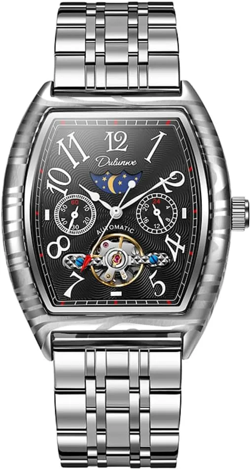 Vintage Tonneau Hollow Tourbillon Watch for Men Number Dial Moon Phase Automatic Mechanical Wristwatch Waterproof Casual Business Watches