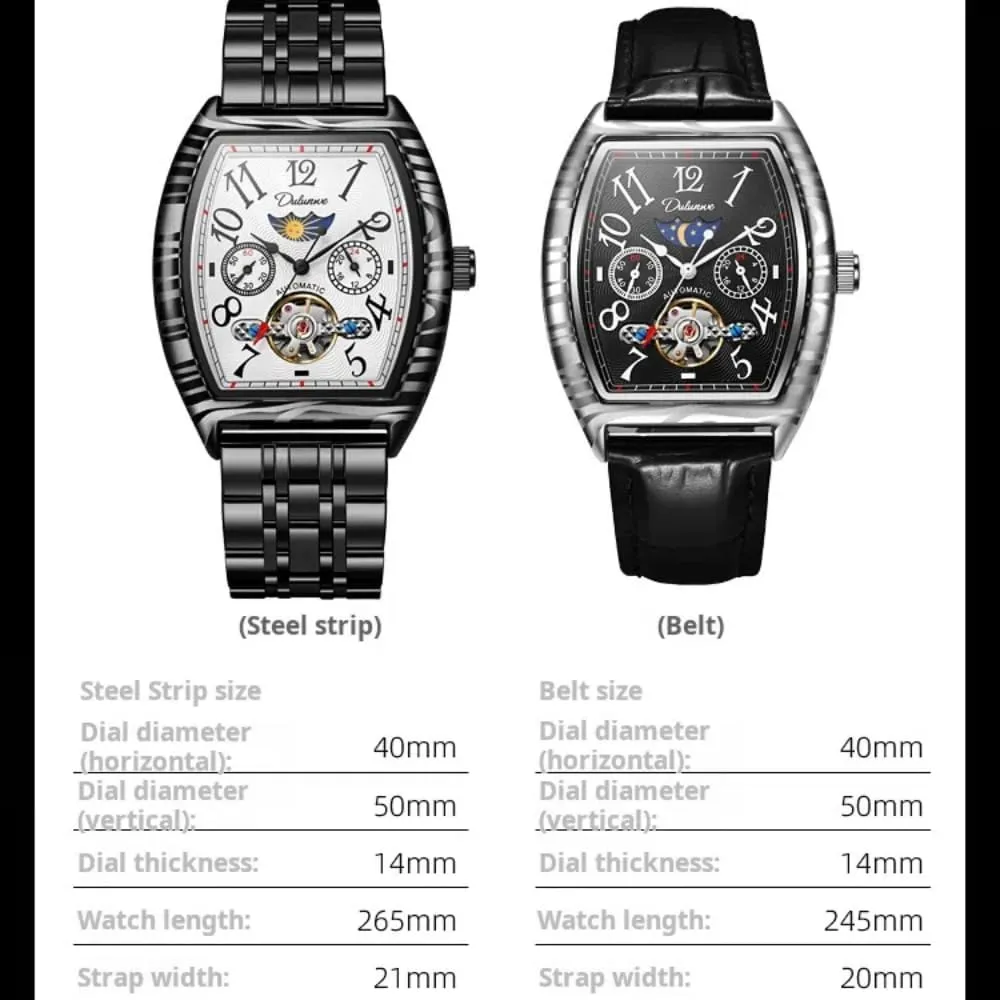 Vintage Tonneau Hollow Tourbillon Watch for Men Number Dial Moon Phase Automatic Mechanical Wristwatch Waterproof Casual Business Watches
