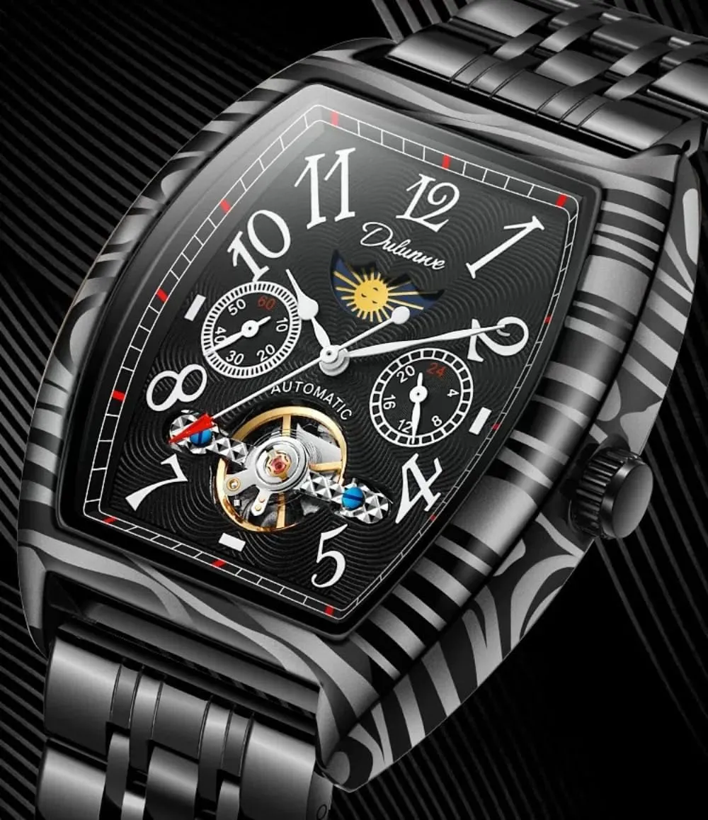 Vintage Tonneau Hollow Tourbillon Watch for Men Number Dial Moon Phase Automatic Mechanical Wristwatch Waterproof Casual Business Watches