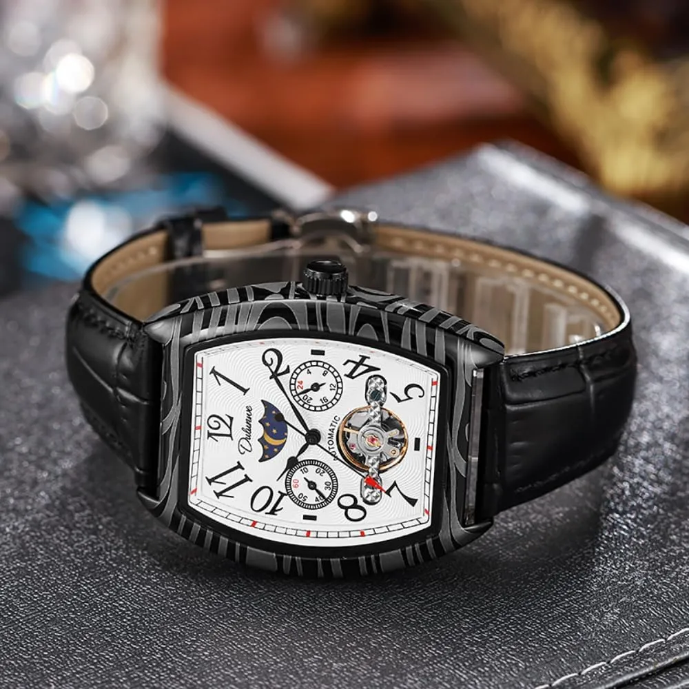 Vintage Tonneau Hollow Tourbillon Watch for Men Number Dial Moon Phase Automatic Mechanical Wristwatch Waterproof Casual Business Watches