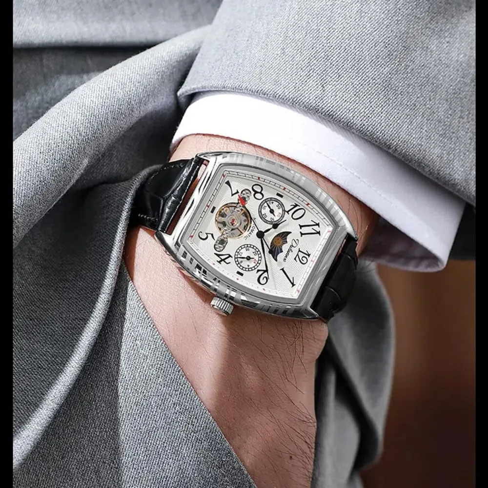 Vintage Tonneau Hollow Tourbillon Watch for Men Number Dial Moon Phase Automatic Mechanical Wristwatch Waterproof Casual Business Watches